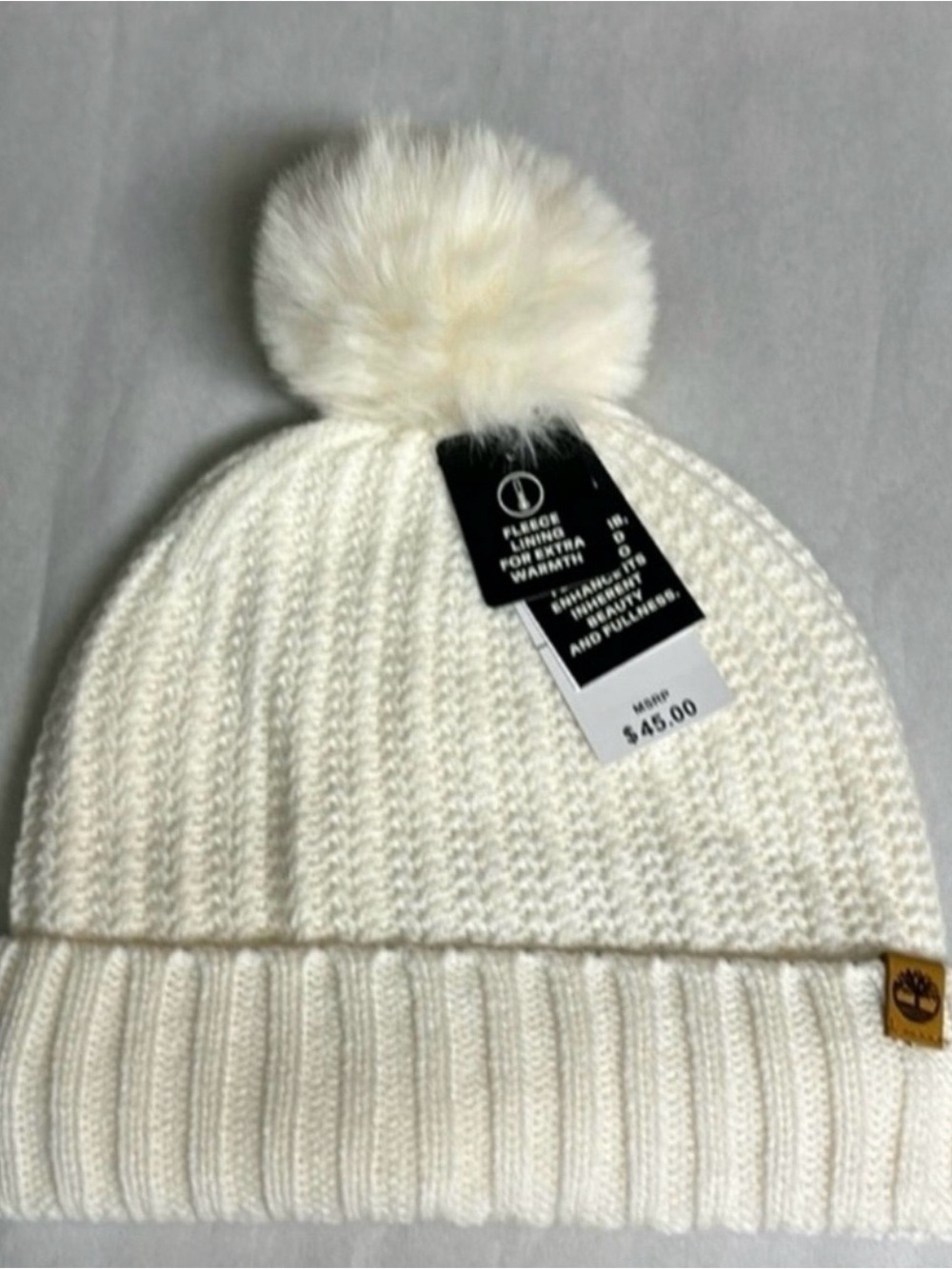 New Timberland Hat Women’s White Cable Knit Lined Cuffed Casual Outdoor Beanie